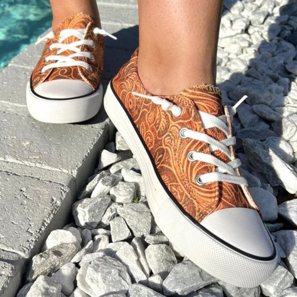 Everglades Tooled Leather Print Canvas Sneakers Casual Slip-On